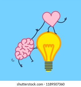 Brain and heart cooperation and teamwork. Vector concept illustration of mind and feelings, heart helps to climb brain on idea bulb | flat design linear infographic icon on blue background