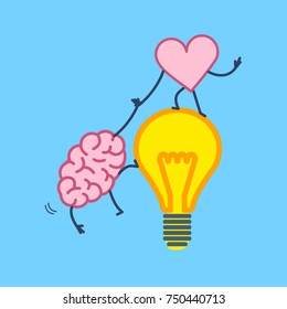 Brain and heart cooperation and teamwork. Vector concept illustration of mind and feelings, heart helps to climb brain on idea bulb | flat design linear infographic icon on blue background