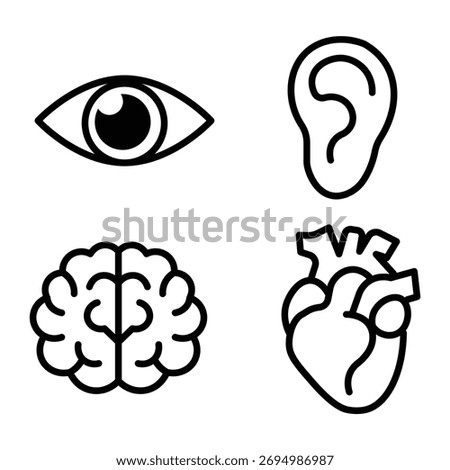 brain, heart, eye and ear icon set