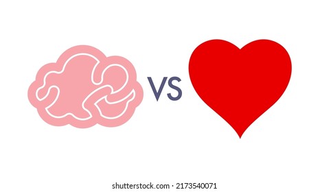 Brain and heart flat icons. Mind versus feelings, reason versus emotions. Male and female thinking. Flat vector illustration isolated on white background.