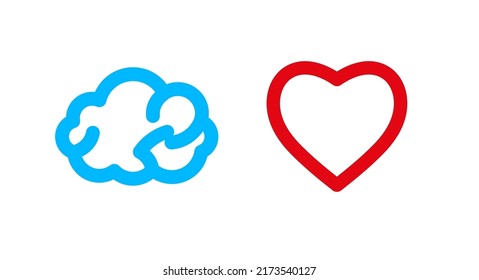 Brain and heart flat icons. Mind versus feelings, reason versus emotions. Male and female thinking. Flat vector illustration isolated on white background.