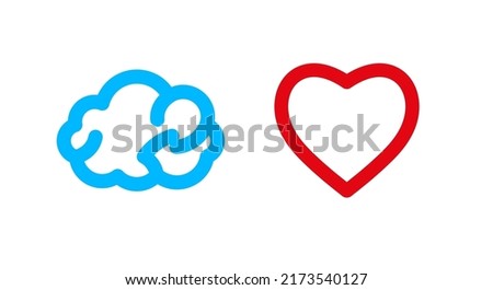 Brain and heart flat icons. Mind versus feelings, reason versus emotions. Male and female thinking. Flat vector illustration isolated on white background.