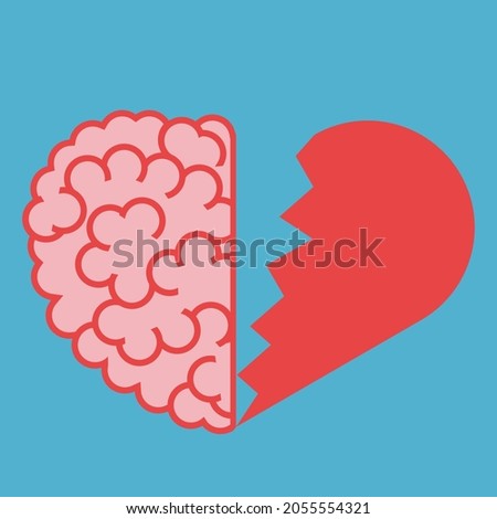 Brain and heart halves separated. Mental health, emotion, mind, love and doubt concept. Flat design. Vector illustration. EPS 8, no gradients, no transparency