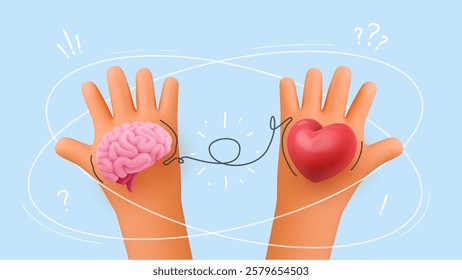 Brain and heart in hands, symbol of balance reason and emotions. Love and logic. Metaphor for decision making, mental health. Concept for self awareness, personal growth. 3D vector illustration.