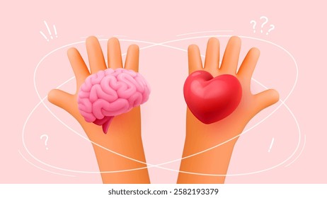 Brain and heart in hands, symbol of balance emotions and reason. Love and logic. Decision making metaphor, mental health. Self awareness, personal growth. 3D vector illustration on light background