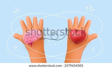 Brain and heart in hands, symbol of balance reason and emotions. Love and logic. Metaphor for decision making, mental health. Concept for self awareness, personal growth. 3D vector illustration.