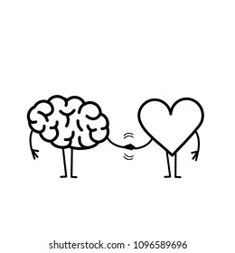 Brain and heart handshake. Vector concept illustration of teamwork between mind and feelings | flat design linear infographic icon black on white background