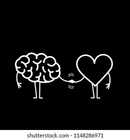 Brain and heart handshake. Vector concept illustration of teamwork between mind and feelings | flat design linear infographic icon white on black background