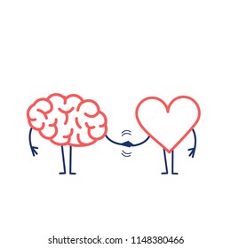 Brain and heart handshake. Vector concept illustration of teamwork between mind and feelings | flat design linear infographic icon red and blue on white background