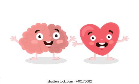 Brain and heart happy together. Two cartoon organs holding hands.