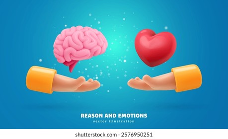 Brain and heart held in hands, symbolizing balance of reason and emotions. Love and logic. Metaphor for decision making, mental health. Concept for self awareness, personal growth. 3D cartoon vector