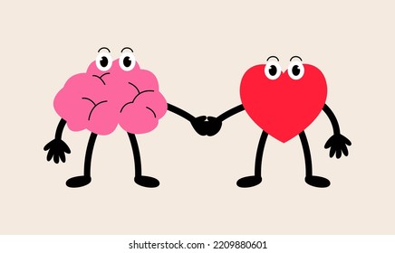 Brain and heart holding hands. Concept of teamwork between mind and feelings. Colorful vector illustration

