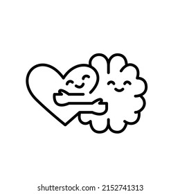 Brain and heart hugging. Happy mental health state. Pixel perfect, editable stroke line art icon