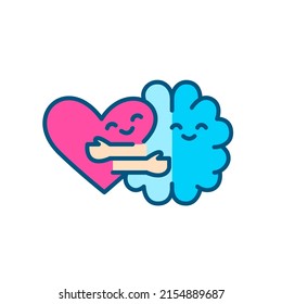 Brain and heart hugging. Happy mental health state. Pixel perfect, editable stroke color line icon