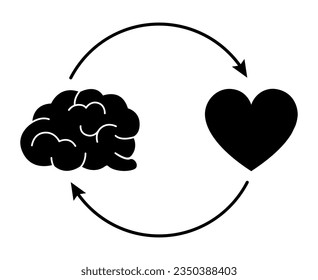 Brain and heart icon with arrows. Mental health and emotional well-being symbol. Cognitive and Emotional Harmony and balance. Psychological wellness, Mind-Heart balance and connection graphic. Vector
