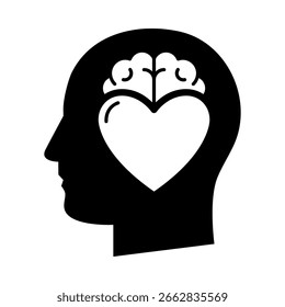 Cerebro con icono de corazón. Icono de inteligencia emocional. Comprender y manejar las emociones. Icono de habilidades interpersonales. Estilo negro sólido. Ilustración vectorial.
