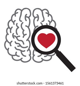 brain and heart inside magnifying glass. vector illustration