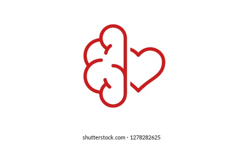 Brain and heart isolated on a whit background. Brain in love. Conflict between emotions and rationality. Icon or logo. Red color. Simple modern design. Valentine's day. Flat style vector illustration.