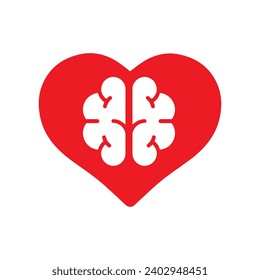 Brain and heart isolated on a whit background. Brain in love. Conflict between emotions and rationality. Icon or logo. Red color. Simple modern design