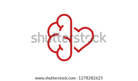 Brain and heart isolated on a whit background. Brain in love. Conflict between emotions and rationality. Icon or logo. Red color. Simple modern design. Valentine's day. Flat style vector illustration.