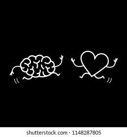 Brain And Heart In Love Running Together. Vector Concept Illustration Of Mind And Feelings Cooperation And Teamwork | Flat Design Linear Infographic Icon White On Black Background