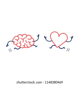 Brain and heart in love running together. Vector concept illustration of mind and feelings cooperation and teamwork | flat design linear infographic icon red and blue on white background