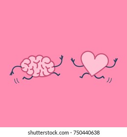Brain and heart in love running together. Vector concept illustration of mind and feelings cooperation and teamwork | flat design linear infographic icon on pink background