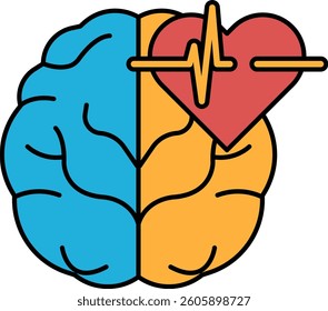 A brain with a heart in the middle. The heart is red and the brain is blue