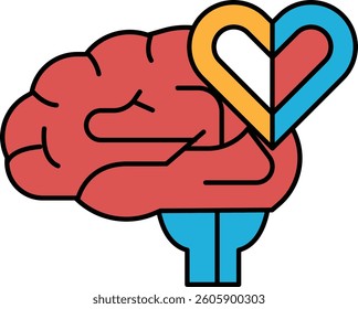 A brain with a heart in the middle. The brain is red and the heart is blue and yellow