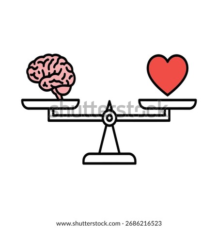 Brain and heart on a balance scale icon. Concept of balance between logic and emotion. Symbol of emotional intelligence, psychology, and choice. Flat line vector illustration.

