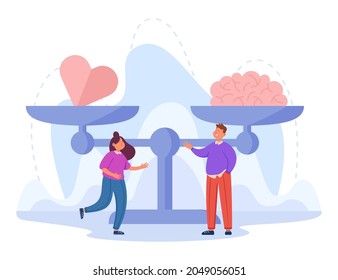 Brain and heart on huge scales. Emotional woman with intuition, smart man with logical thinking, balance between feelings and logic flat vector illustration. Love, emotions, intelligence concept