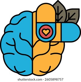 A brain with a heart on it. The heart is blue and the brain is yellow. The heart is surrounded by a blue circle