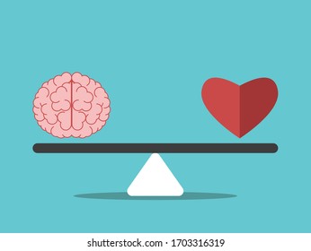 Cerebro y corazón en la escala de peso del mar. Equilibrio mental y emocional, inteligencia, sentimiento, elección, justicia y concepto de misericordia. Diseño plano. Ilustración vectorial EPS 8, sin transparencia, sin degradados