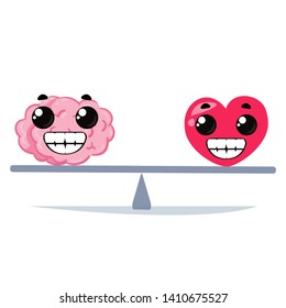 Brain and heart on the swing, no one outweighs. The balance of mind and love. Zen happiness concept. Vector illustration in cartoon style.
