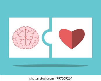 Brain and heart puzzle pieces connected on turquoise blue background. Intelligence, emotion and creativity concept. Flat design. Vector illustration, no transparency, no gradients