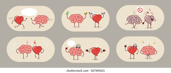 The brain and the heart, set of stories. Teamwork, heart attack, healthy organs. Set of vector icons cartoon.