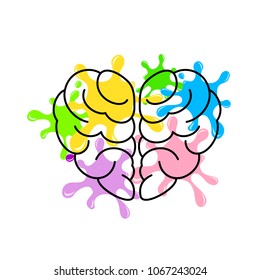 Brain in heart shape with colorful splash. Creative mind concept. Vector illustration isolated on white background.