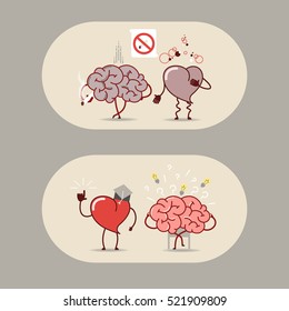 The brain and heart. Smoking is bad, a heart attack. The brain is looking for answers but the heart knows. Vector cartoon icons