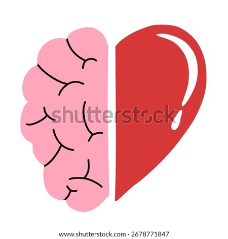 Brain and heart split vector illustration. Hand drawn cartoon happy mind connection heart and brain