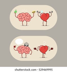 The brain and heart, teamwork. Cartoon sticker brain and heart. Vector