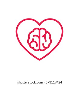 Brain In Heart Thin Line Red Icon On White Background, Happy Valentine Day