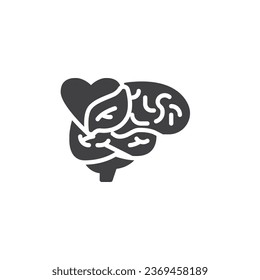 Icono de vector de cerebro y corazón. signo plano relleno para concepto móvil y diseño web. Icono de glifo de Salud Mental. Símbolo, ilustración del logotipo. Gráficos vectoriales