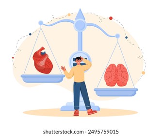 Cerebro o corazón. Mujer de pie cerca de las escalas. Comparación de decisiones emocionales y lógicas. Inteligencia versus empatía, EC vs CI. Ilustración vectorial plana aislada sobre fondo blanco