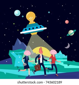 Brain and heart of young business people running with idea spaceship in universe. Innovation, Entrepreneurship, Big idea, Success and Business concept illustration vector.
