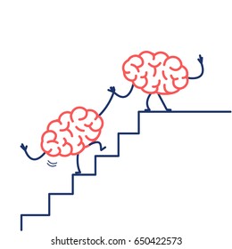 Brain helping hand to success. Vector concept illustration of two brains cooperation on stairs to goal | flat design linear infographic icon red and blue on white background