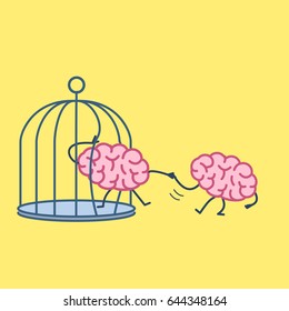 Brain helping other to escape from cage. Vector concept illustration of support escaping imprisoned mind  | flat design linear infographic icon on yellow background