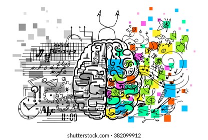 Brain hemispheres functions left and right, vector illustration