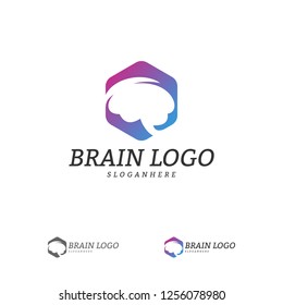 Brain with Hexagon Logo Vector Template. Hexagon with Brain Mind Logo Concepts