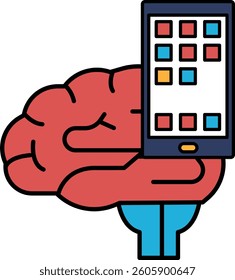 A brain holding a cell phone. The brain is red and the phone is blue. The image is meant to convey the idea of technology and the brain's ability to process information