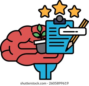 A brain holding a clipboard with a pencil and a plant. The brain is surrounded by stars. Concept of creativity and productivity